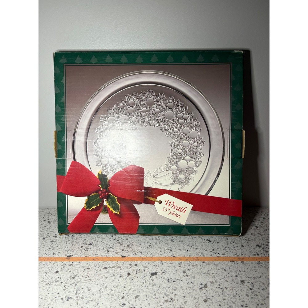 American Glass Wreath 13 Inch Platter Clear Holiday Serving Dish Indiana Glass